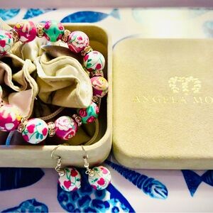 Angela Moore Newport R.I. Rare Floral  Beaded Bracelet and Earring Set